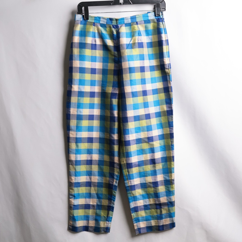 VTG Josephine Chaus 100% Silk Plaid Tapered Pants Blue Green Colorful Artsy 10P